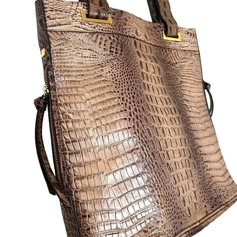 Brahmin Istana Mocha Madison Ave Melbourbe Croc Embossed Top Zip Leather Tote Sh